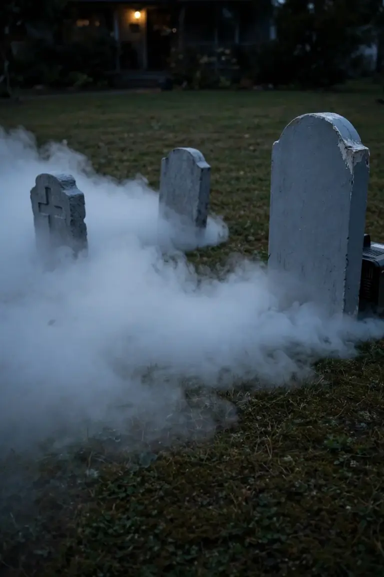 Low fog drifting between foam tombstones in a front yard graveyard at dusk
