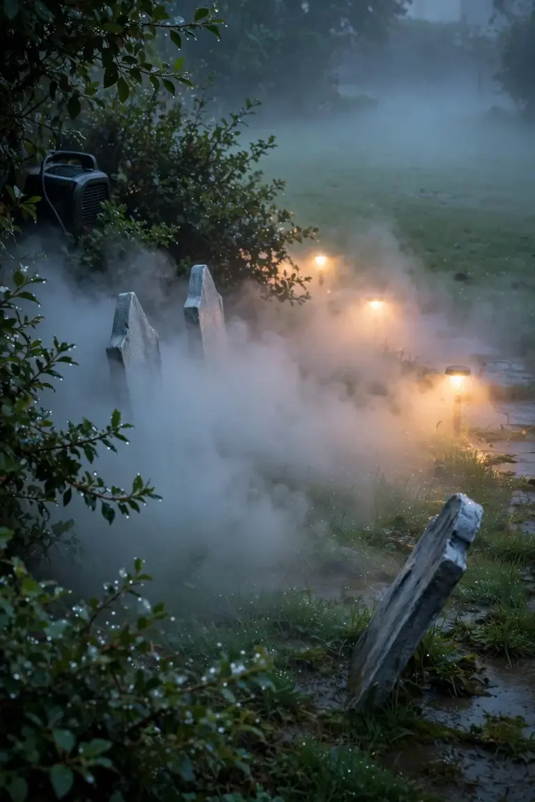 Low fog rolling across a lawn from a machine hidden behind shrubs, tombstones rising through the mist