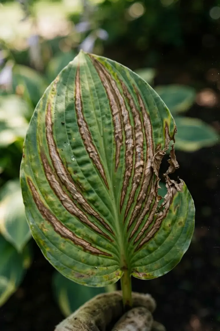 Hosta leaf with striped brown dead areas trapped between veins from foliar nematode