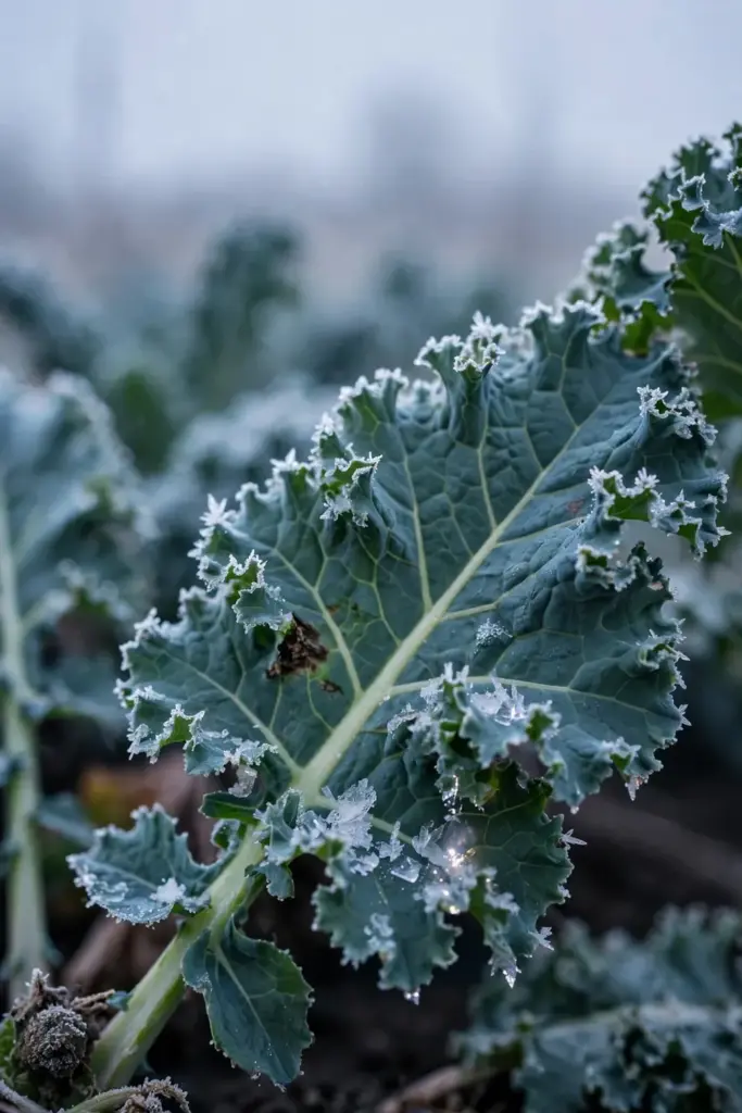 Forage kale leaf with frost crystals on a cold flat morning