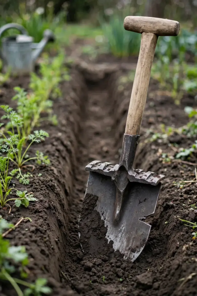 Forged digging spade with foot treads in a vegetable bed