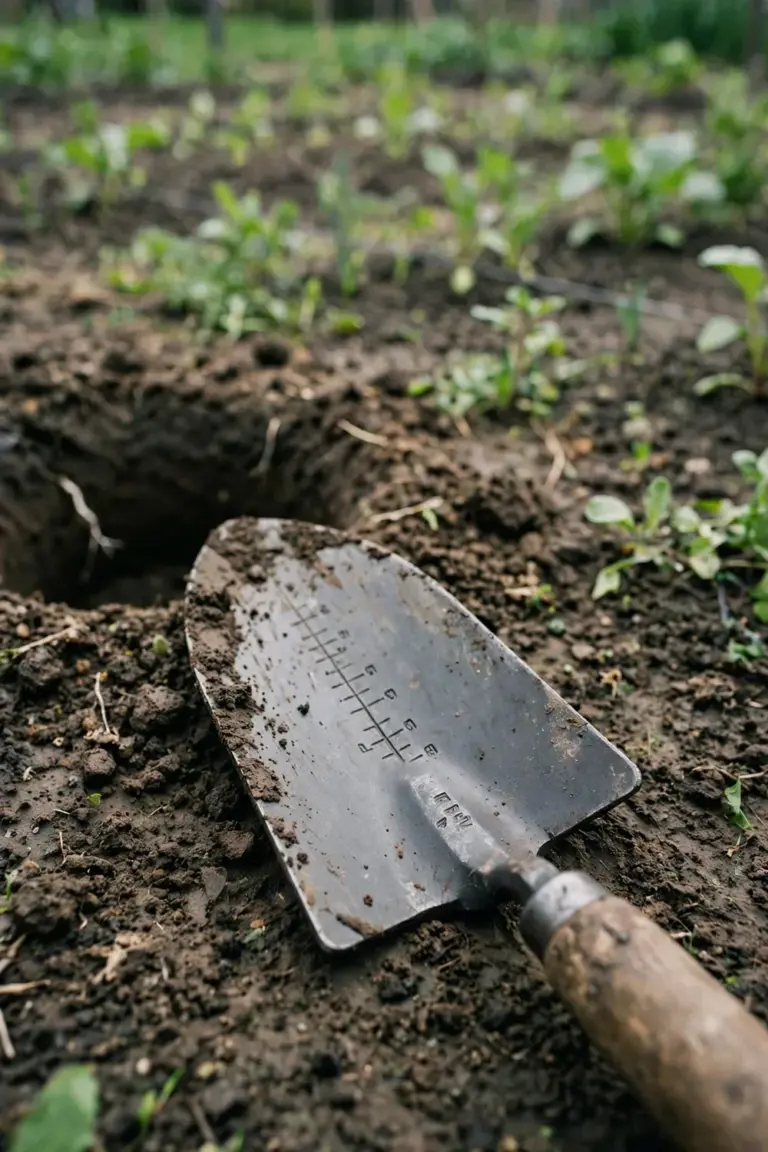Forged steel hand trowel with depth marks beside a fresh planting hole