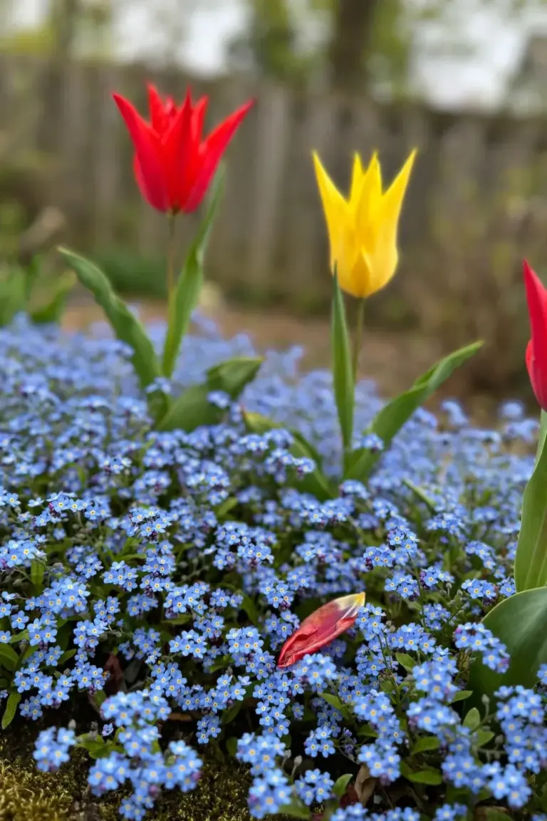 Forget-me-not flowers carpeting the ground beneath blooming tulips in spring