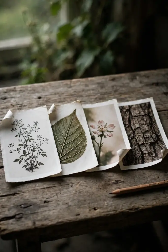 Four plant photo prints showing whole plant, leaf, flower, and bark