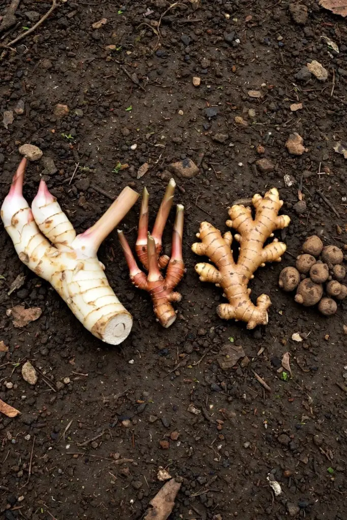 Greater galangal, lesser galangal, ginger, and kencur rhizomes side by side on soil
