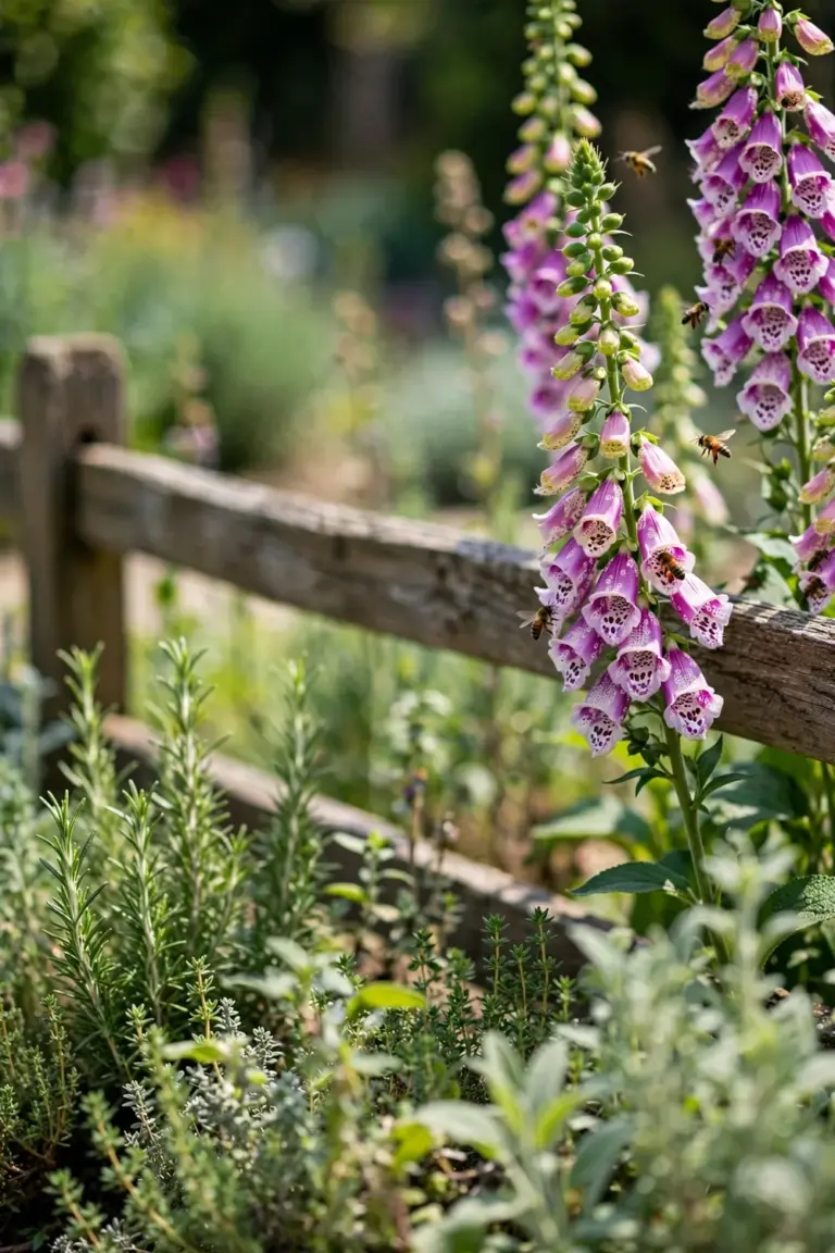 Foxglove spires of speckled bell flowers at the back of a border behind a low fence