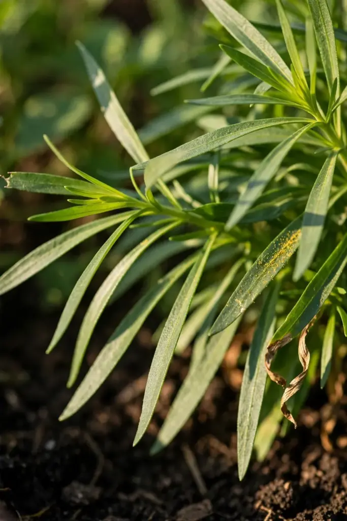 Slender French tarragon leaves with smooth edges and anise sheen