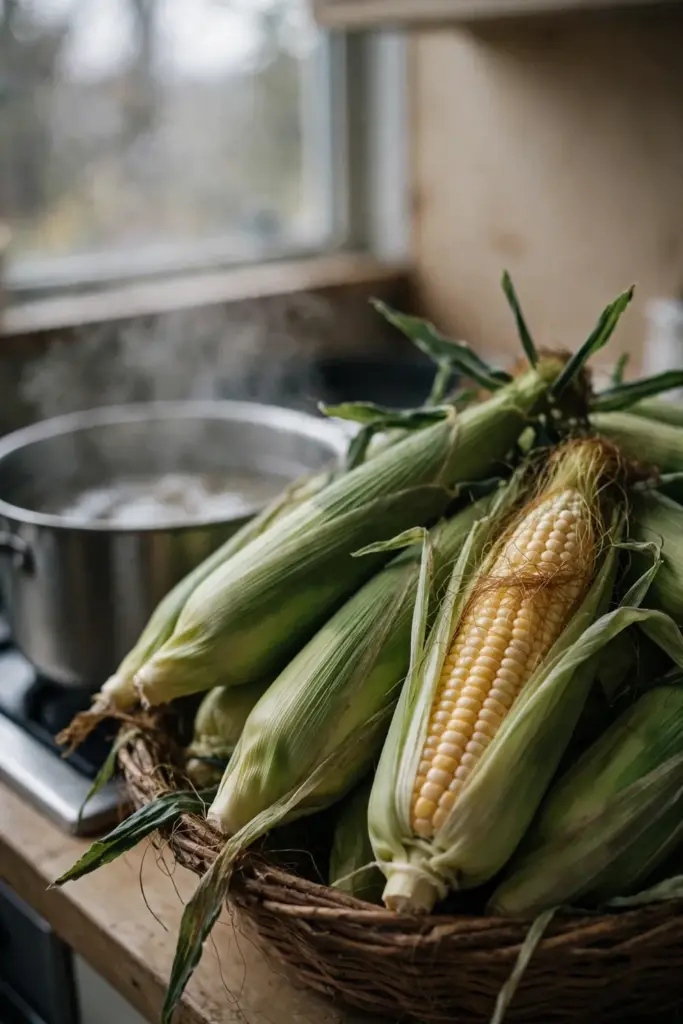Sweet corn cobs piled in a basket on a kitchen bench