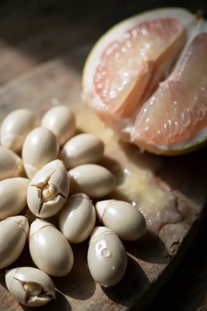 Plump fresh pomelo seeds fanned beside a cut pomelo half
