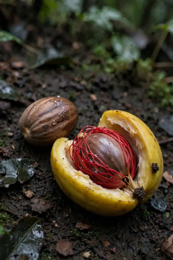 Freshly split nutmeg fruit revealing seed wrapped in crimson aril