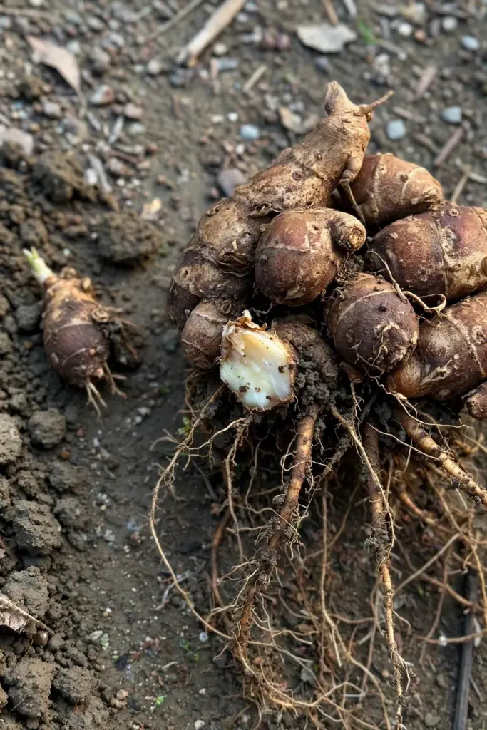 Freshly lifted kencur rhizome clump with soil still clinging to the roots