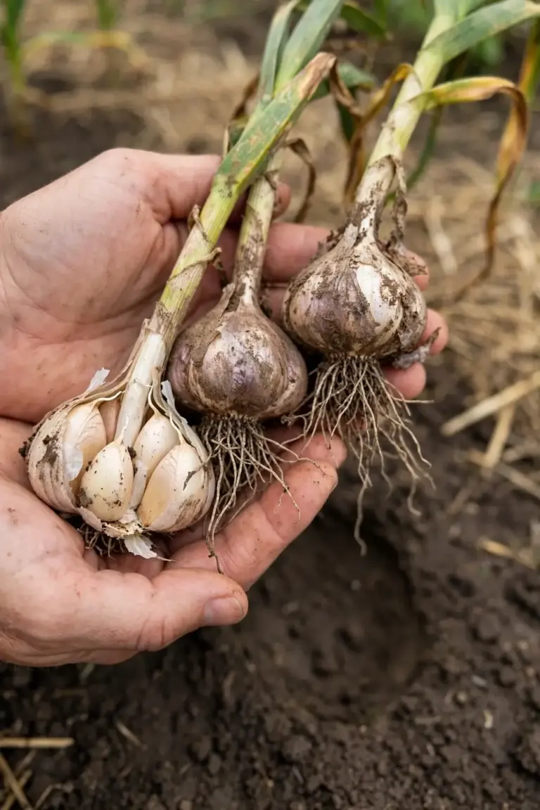 Freshly lifted garlic bulbs held in cupped hands over a bed