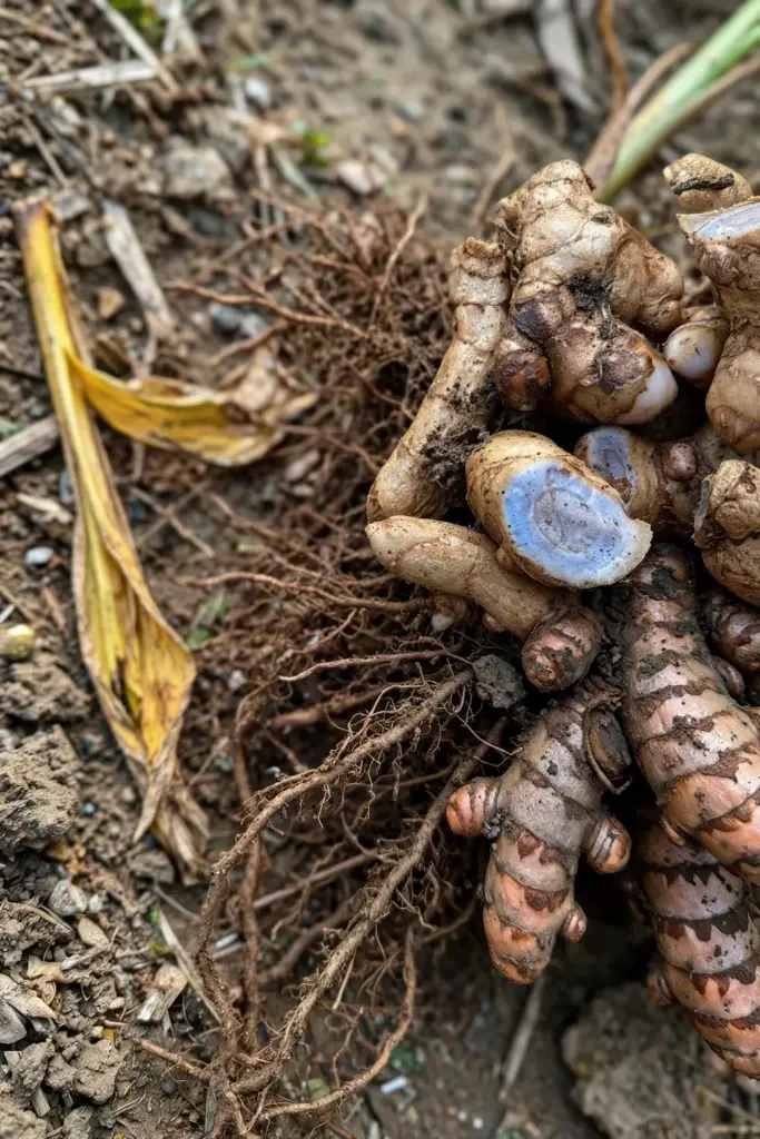 Freshly lifted black turmeric rhizome clump with soil still clinging to the roots