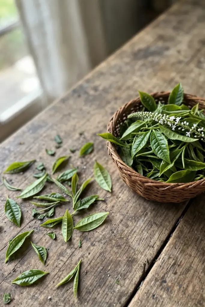 Freshly picked Java tea leaves in a woven basket