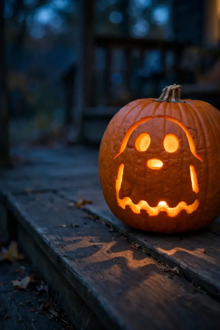 Orange pumpkin carved with a friendly ghost, two round eyes, an oval mouth and a wavy bottom hem, glowing on a porch step