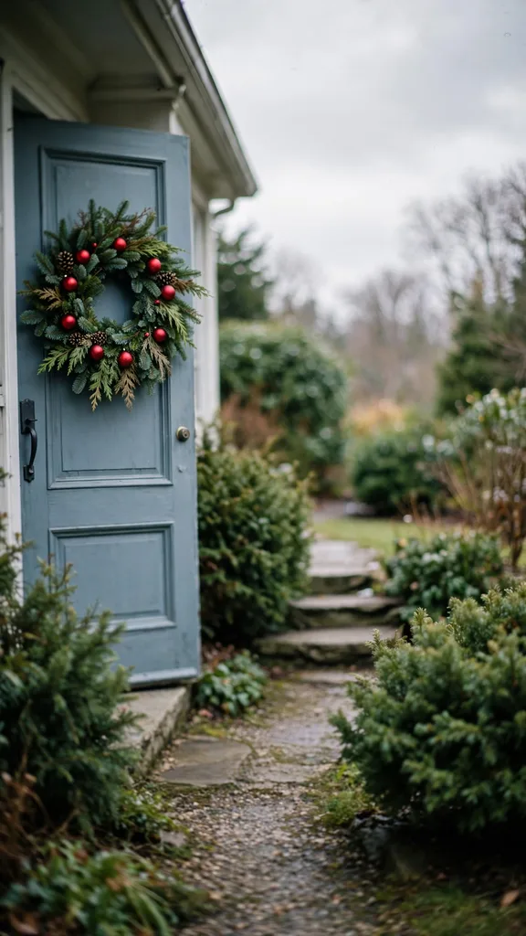A front door wreath seen from the garden path with evergreen shrubs beside the porch