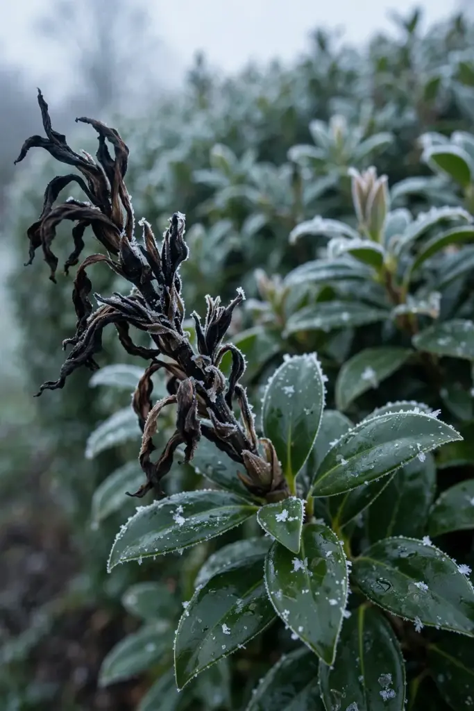 Blackened lilly pilly shoot tips after a frosty night