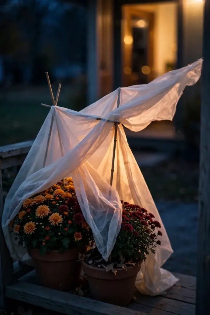 Fall pots draped with frost cloth on a cold evening