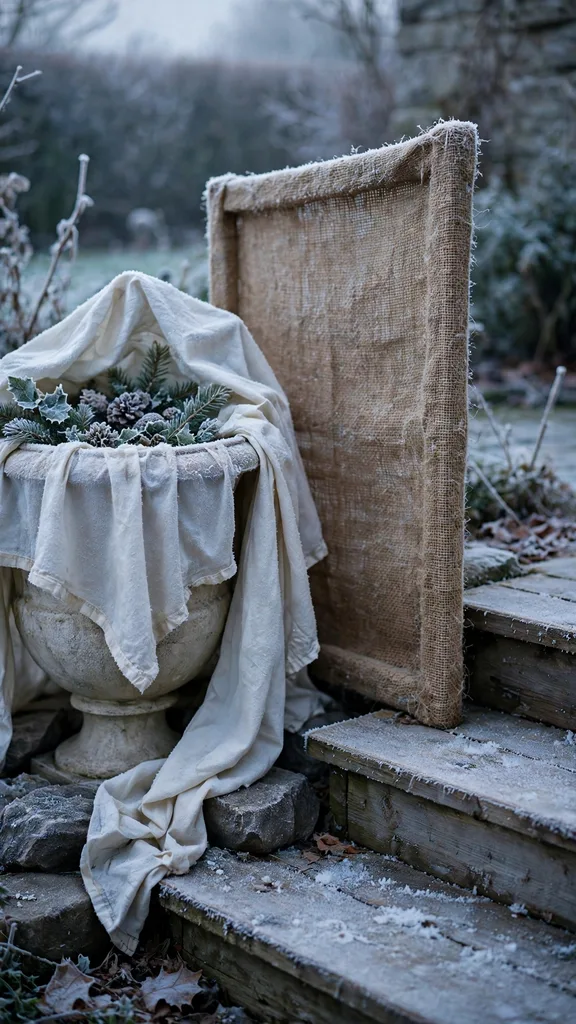 A Christmas urn draped in frost cloth with a burlap wind screen beside it