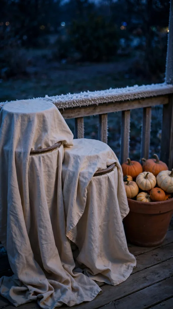 Mum pots covered with cloth on a frosty porch night