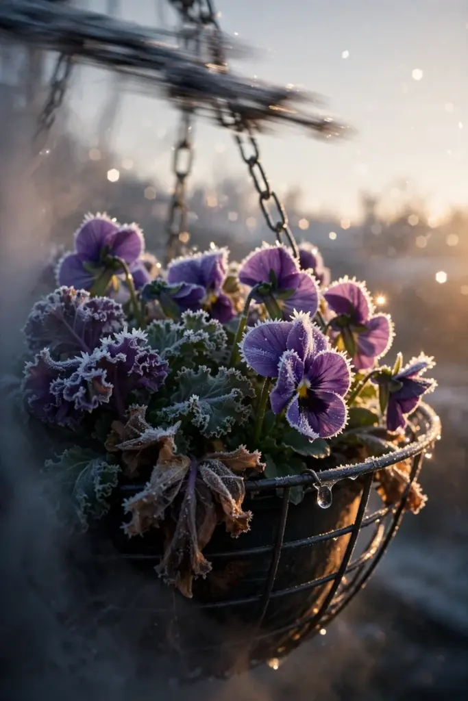 Light frost crystals on fall basket blooms in morning sun