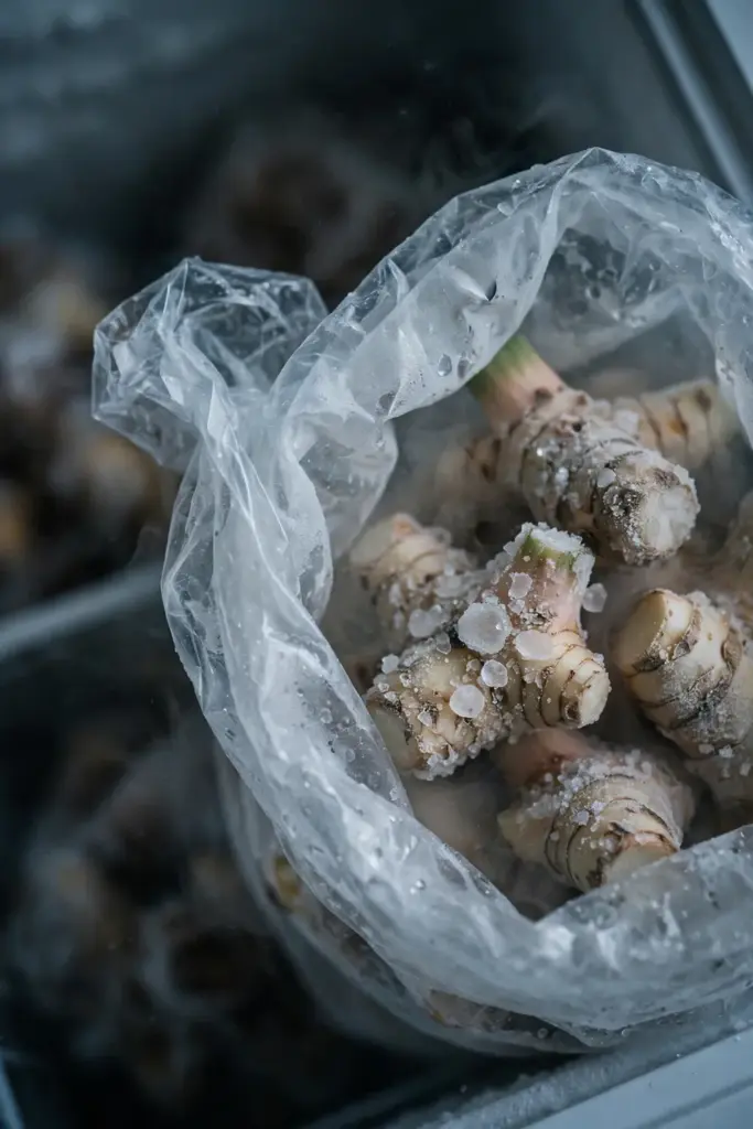 Frozen galangal pieces with frost crystals in an open freezer bag