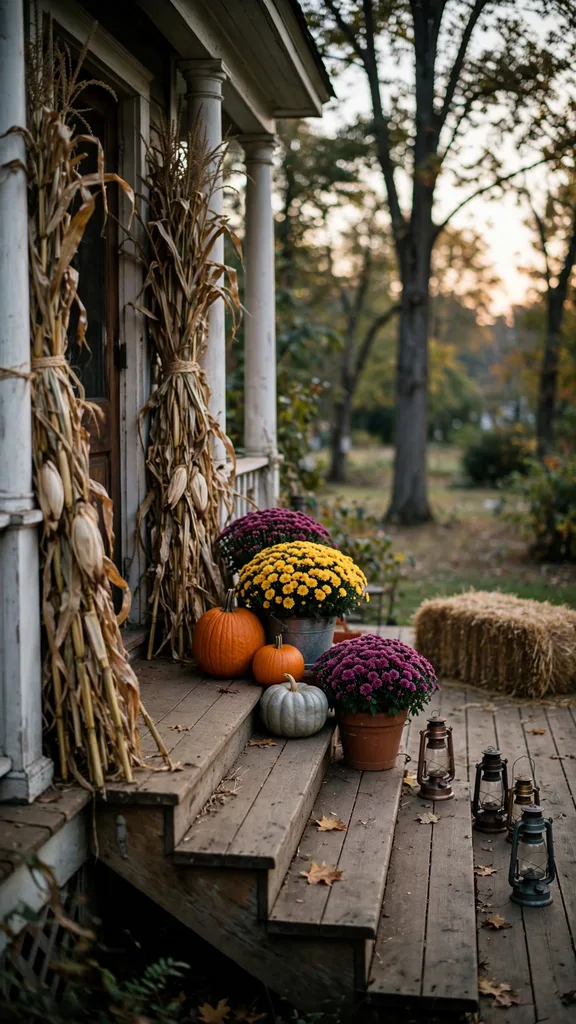 The full harvest porch with stalk bundles, pumpkins, mums, and lanterns