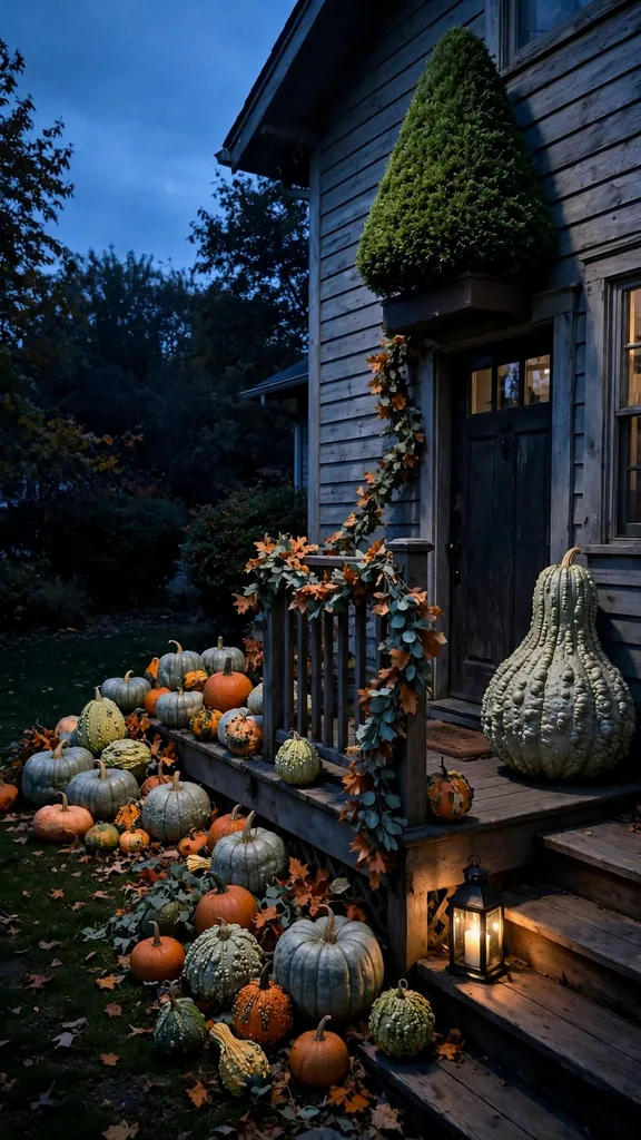 Whole front porch at dusk with the full gourd display in matching colors