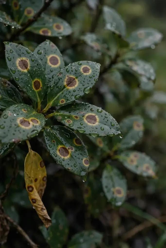 Brown fungal leaf spots with yellow halos on lilly pilly leaves