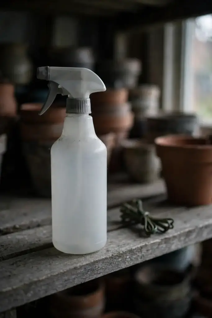 Plain unlabeled spray bottle on a garden shelf, kept as last resort.