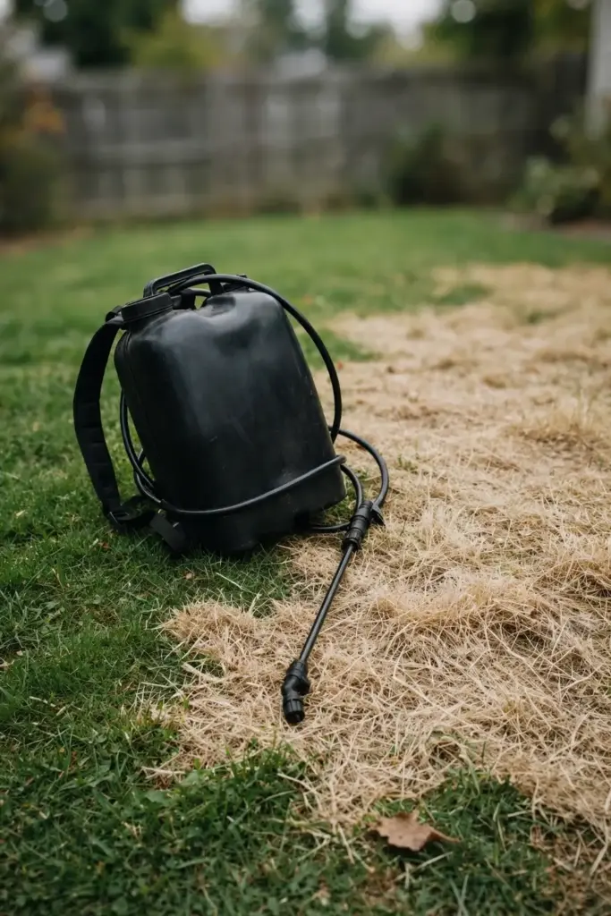 Sprayer tank resting beside a large merged straw-colored lawn patch.