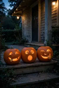 Porch steps lined with funny carved pumpkins glowing at dusk, goofy grins front and center