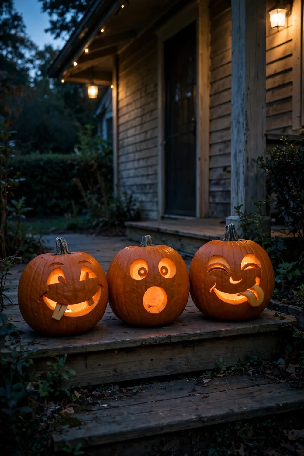 Porch steps lined with funny carved pumpkins glowing at dusk, goofy grins front and center