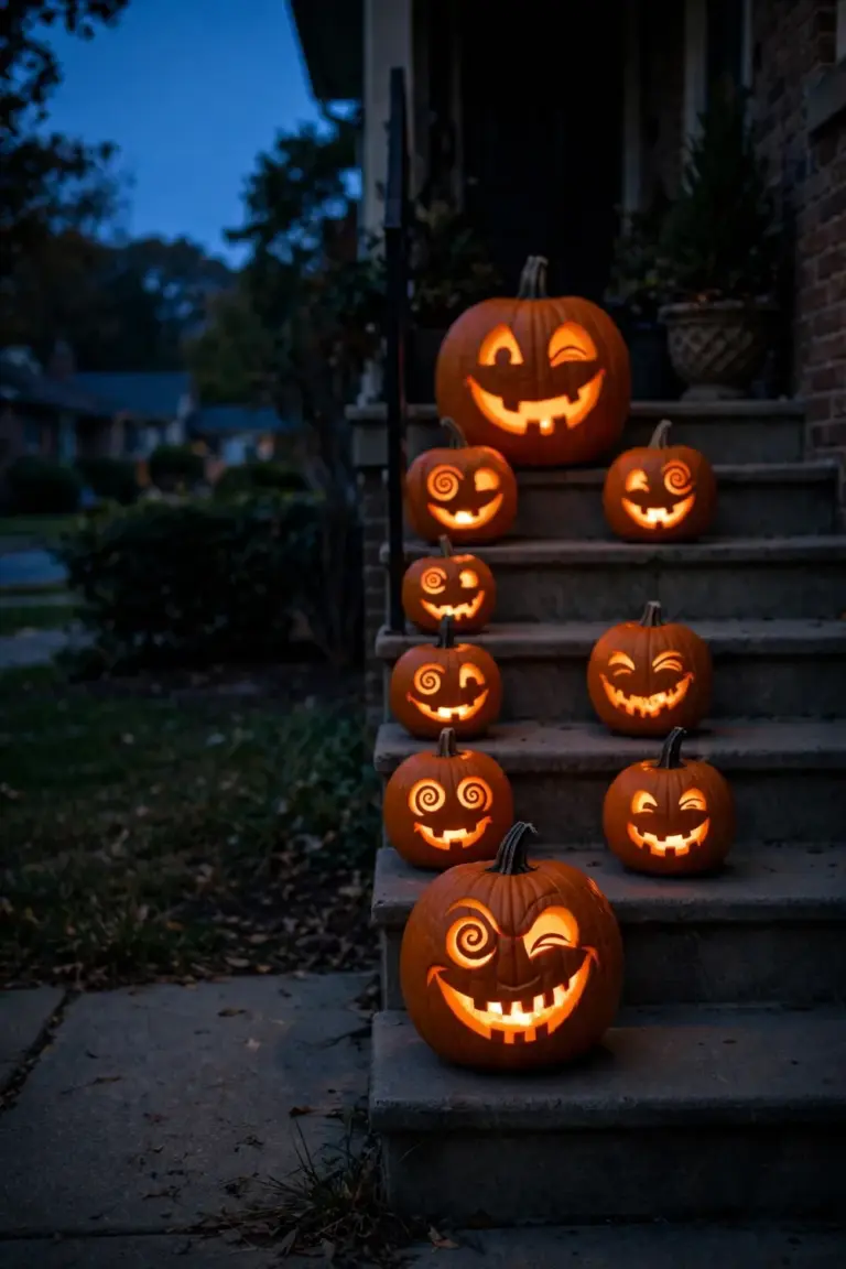 Row of carved pumpkins with funny faces lined up on porch steps at dusk, glowing from LED lights inside