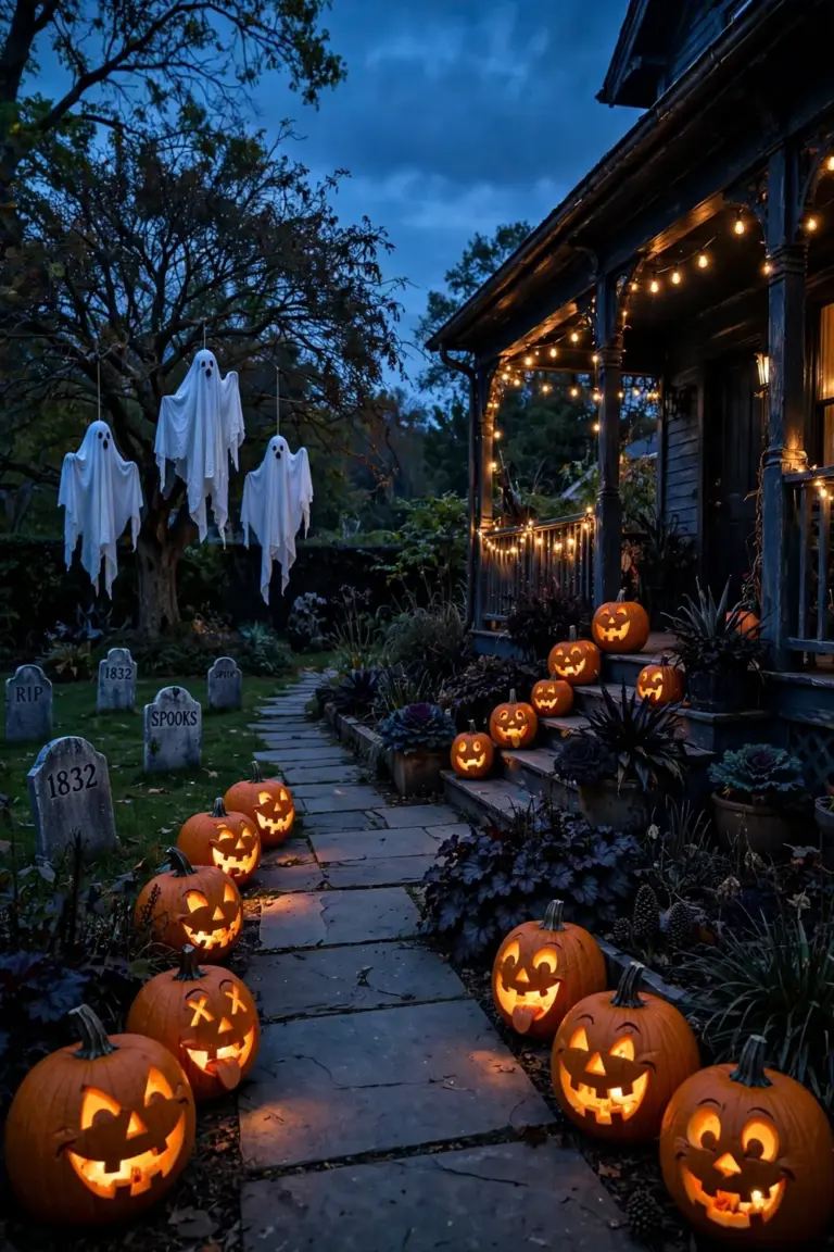 Wide Halloween garden at dusk with funny carved pumpkins along the walk, tombstones on the lawn and ghosts in the tree