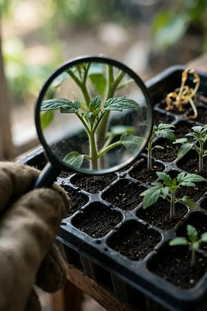 Magnifying glass inspecting healthy tomato seedlings in a sterile tray.