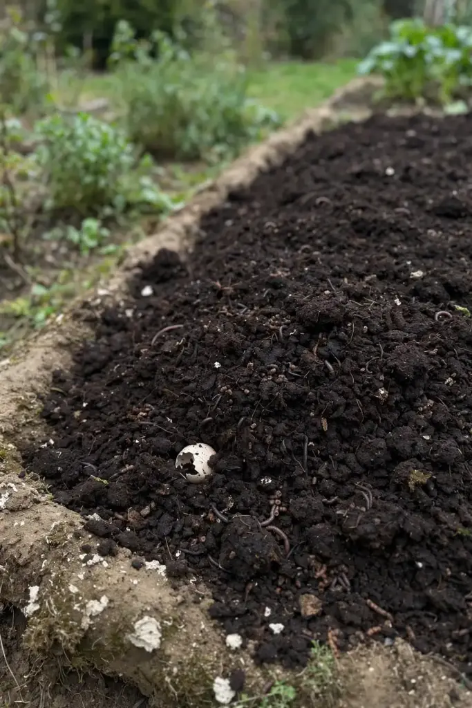 Dark finished compost spread over a vegetable bed, feeding soil competition.
