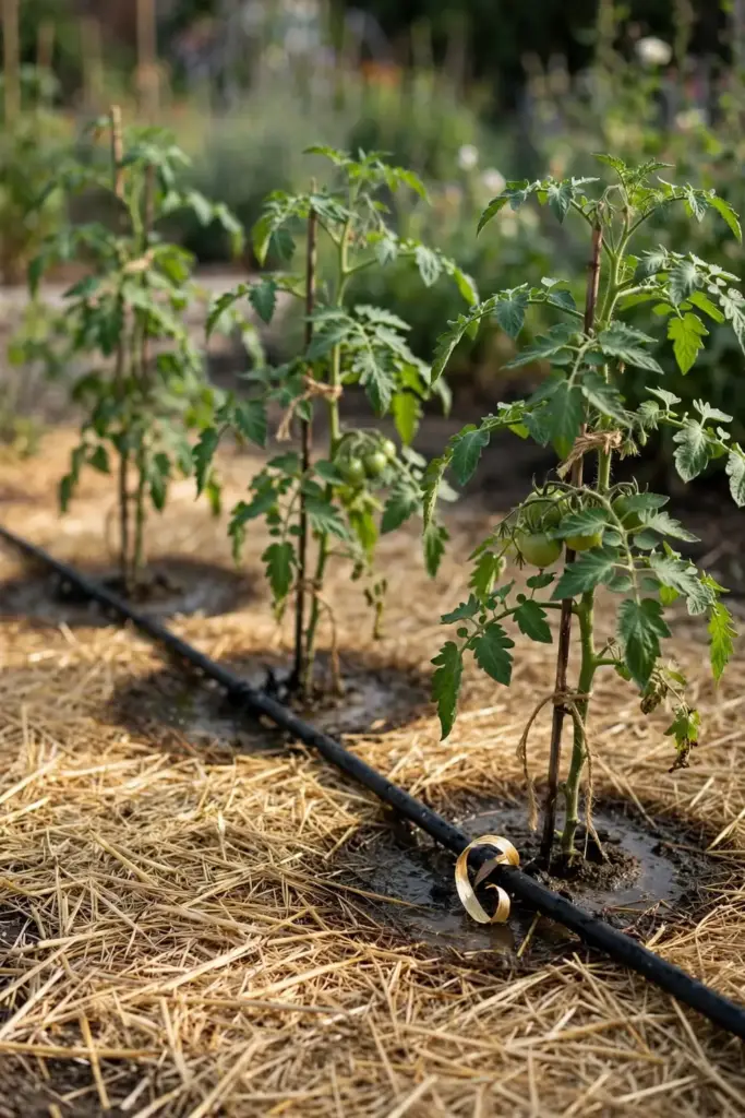 Drip irrigation line watering mulched tomato plants at the root zone.