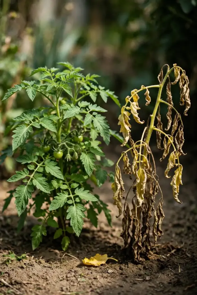 Healthy green tomato plant beside a wilted one for disease comparison.