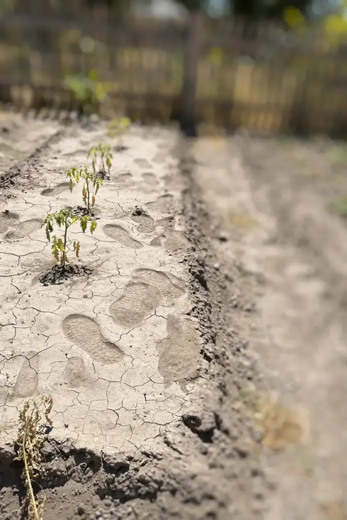 Dry compacted vegetable bed baking in midday heat, high Fusarium risk.