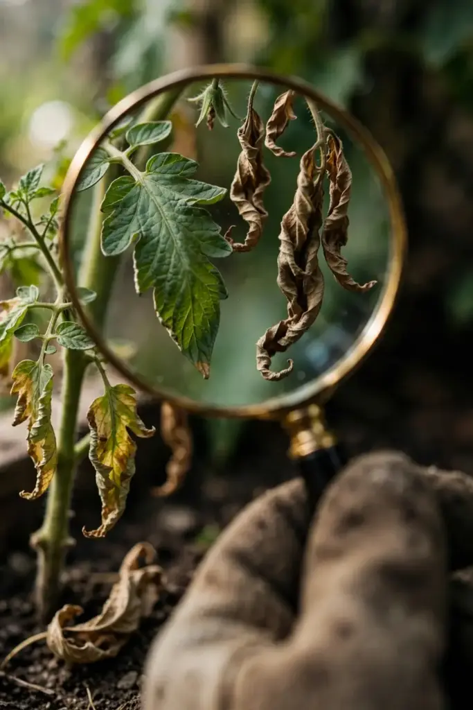 Magnifying glass over a tomato leaf wilting on one side from Fusarium.