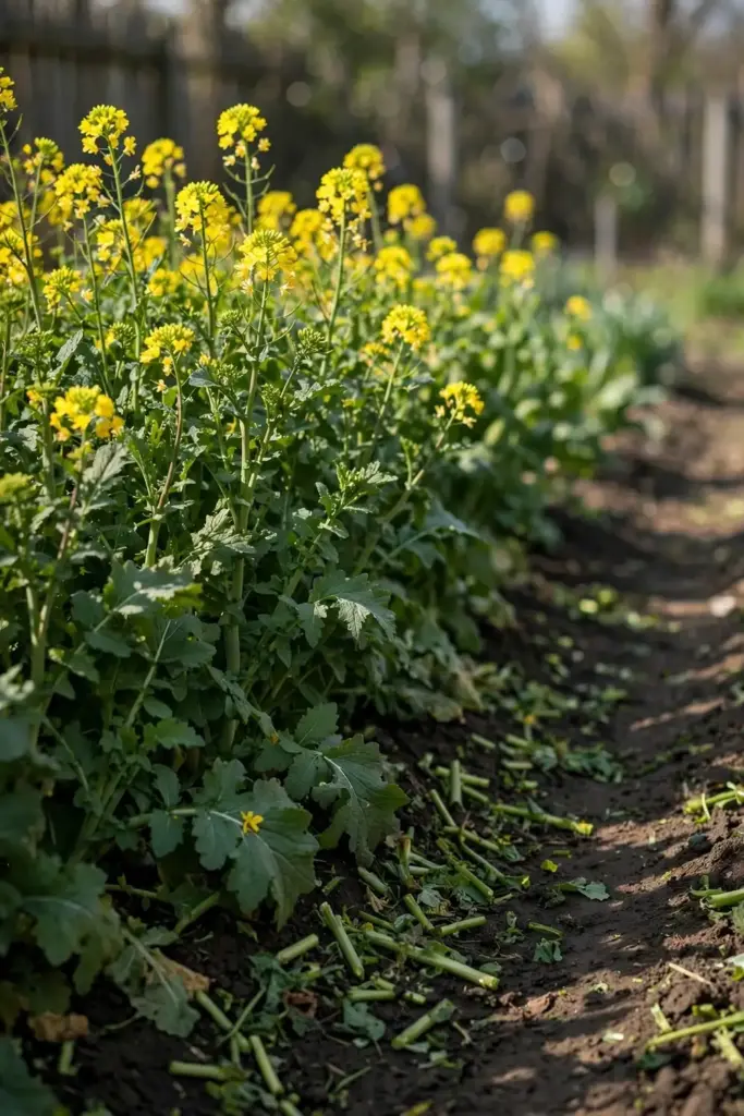 Flowering mustard cover crop in a vegetable bed for biofumigation.