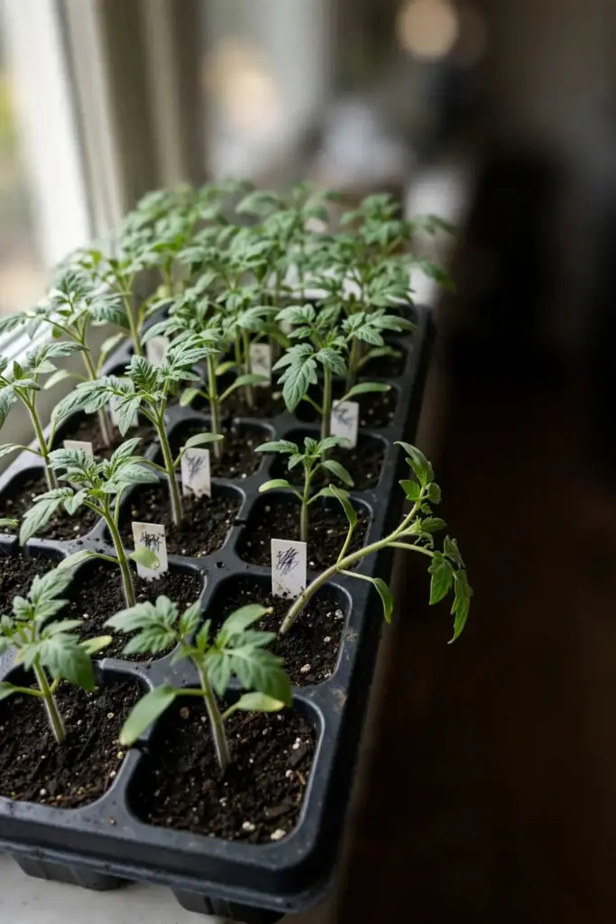 Tomato seedling tray with plant labels showing resistance codes.