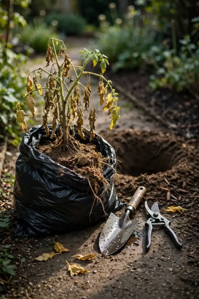 Pulled tomato plant in a trash bag beside a disinfected hand trowel.