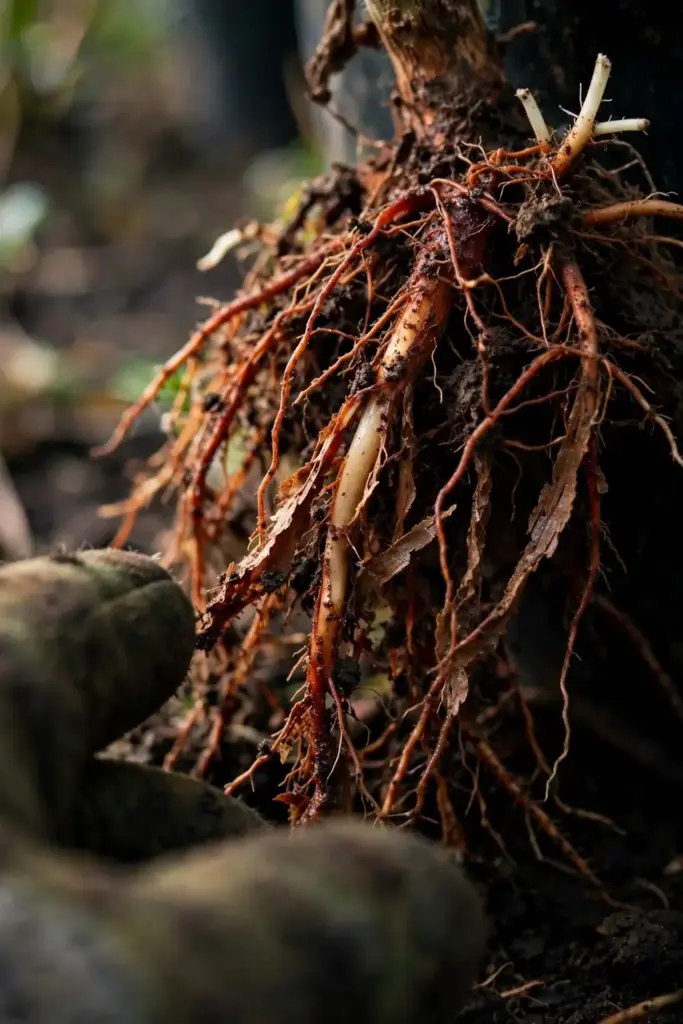 Washed tomato roots browned from the tips, held in a worn garden mitt.