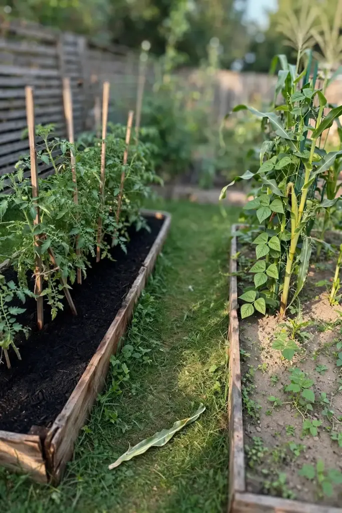 Two garden beds: tomatoes in one, corn and beans in the other, rotated.