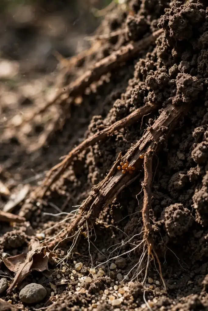 Extreme close-up of garden soil with decaying root debris and resting spores.