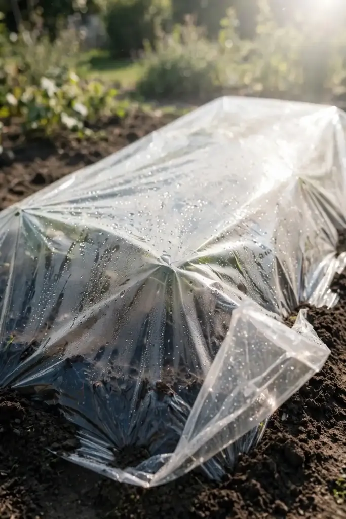 Vegetable bed covered with clear plastic sheeting for soil solarization.