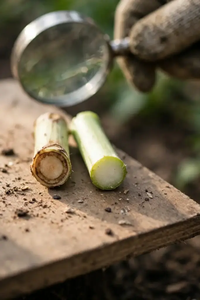 Two cut stems compared under a magnifying glass for wilt diagnosis.