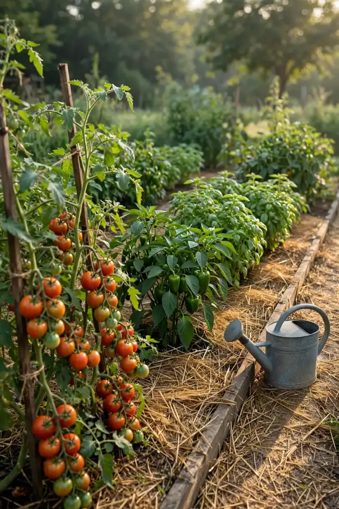 Thriving home vegetable garden with staked tomatoes in morning light.